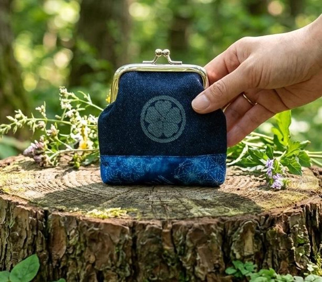 Japanese Gamaguchi, Metal Frame Coin Purse With Kamon, Japanese