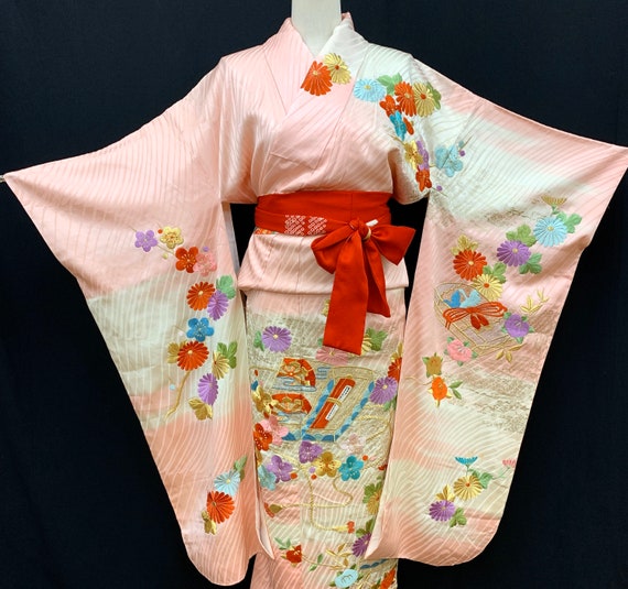 Japanese FURISODE Kimono/ Embroidery/ Silk Kimono/