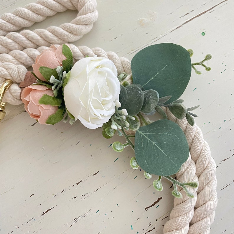 Blush and ivory rope leash with flowers and eucalyptus for dog for wedding