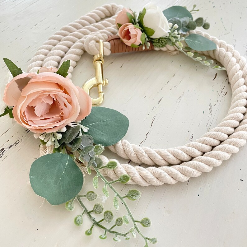 Blush and ivory rope leash with flowers and eucalyptus for dog for wedding