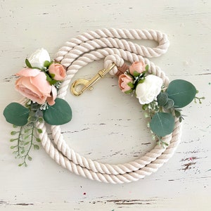 Blush and ivory rope leash with flowers and eucalyptus for dog for wedding