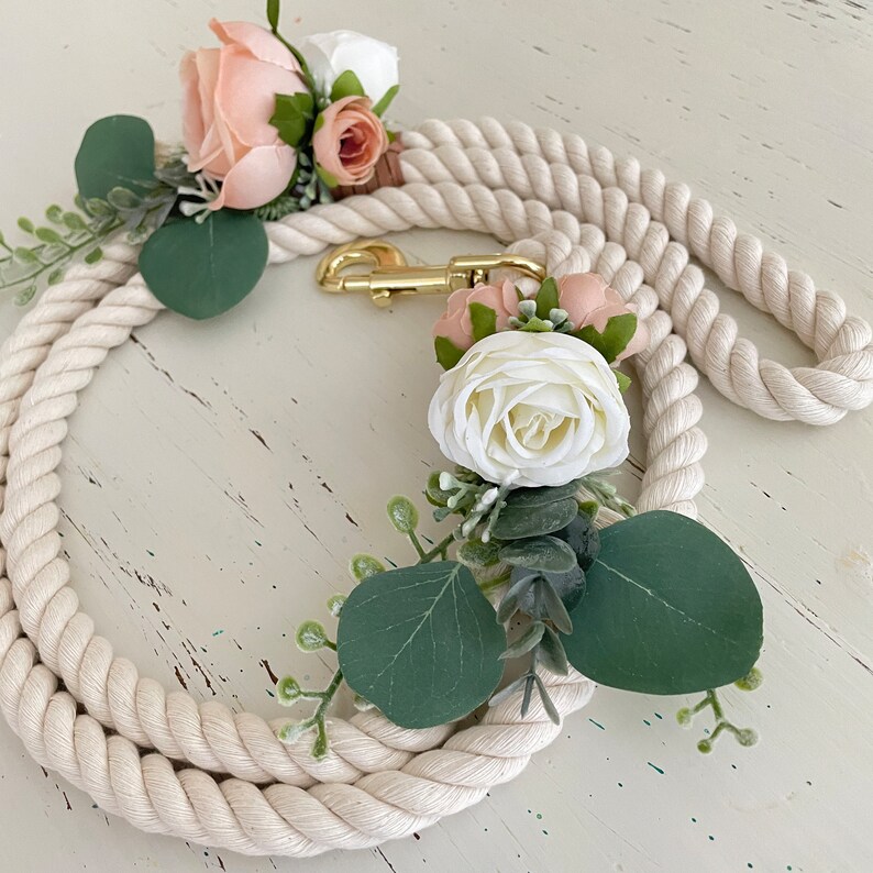 Blush and ivory rope leash with flowers and eucalyptus for dog for wedding