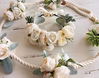 Rose peony and lambs ear dog wedding leash set, dog ring bearer gift, ceremony accessory set for dog