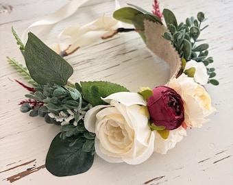 Dog Ring Bearer Flower Collar Burgundy Wine, Silver Dollar Eucalyptus, Wedding Flower dog