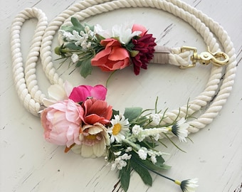 Wedding Ceremony Leash + Golden Hour Sunset Wedding + Dog flower leash attire