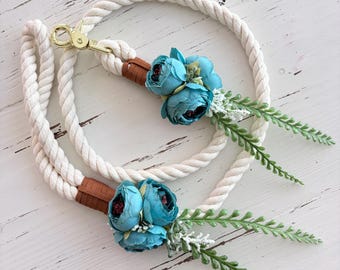 Floral Wedding Dog Leash with Teal Ranunculus and greenery for wedding ceremony, Dog Lover Gift