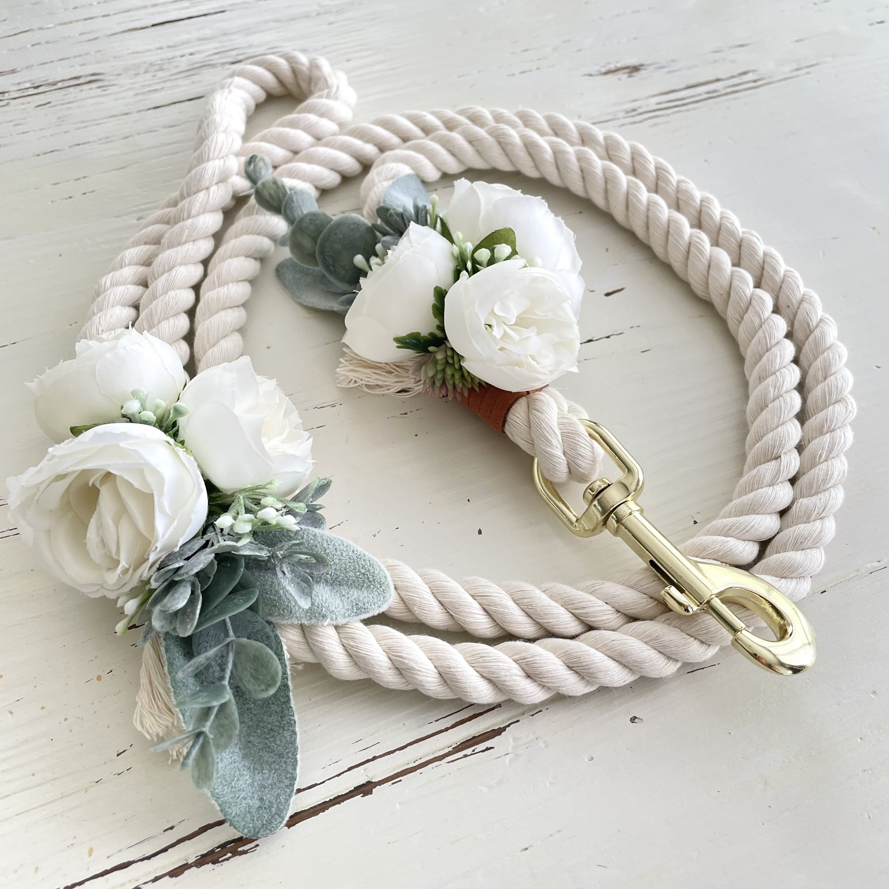 Lambs Ear & White Rose Rope Dog Leash For Wedding