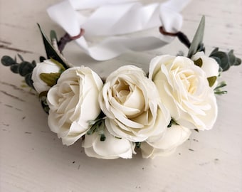 Greenery Dog Flower Crown: White rose and eucalyptus Dog Wedding flower Collar