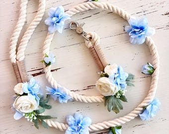 Flower Covered Dog ring bearer leash for romantic or garden wedding for walking down the aisle, Something Blue