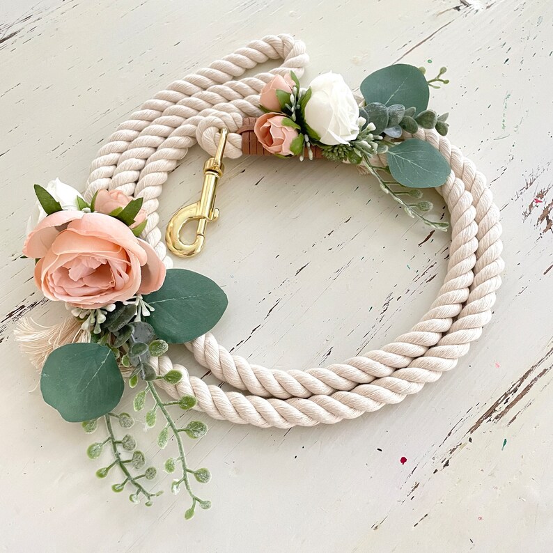 Blush and ivory rope leash with flowers and eucalyptus for dog for wedding