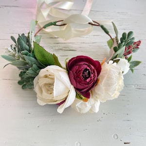 Dog flower collar, dog flower crown, burgundy wine silver dollar eucalyptus wreath, flower crown, dog flower wreath, dog flower collar