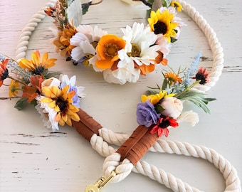 Wildflower Floral Dog Wedding Leash and Collar Set, Ceremony Cotton Dog wedding leash set, Dog Ring Bearer