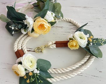 Floral Dog Wedding Leash and Collar Set, Butter Yellow Cotton Dog wedding leash set, Dog Ring Bearer