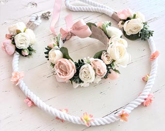 Champagne Rose blush peony and eucalyptus dog wedding leash set, dog ring bearer gift, ceremony accessory set for dog