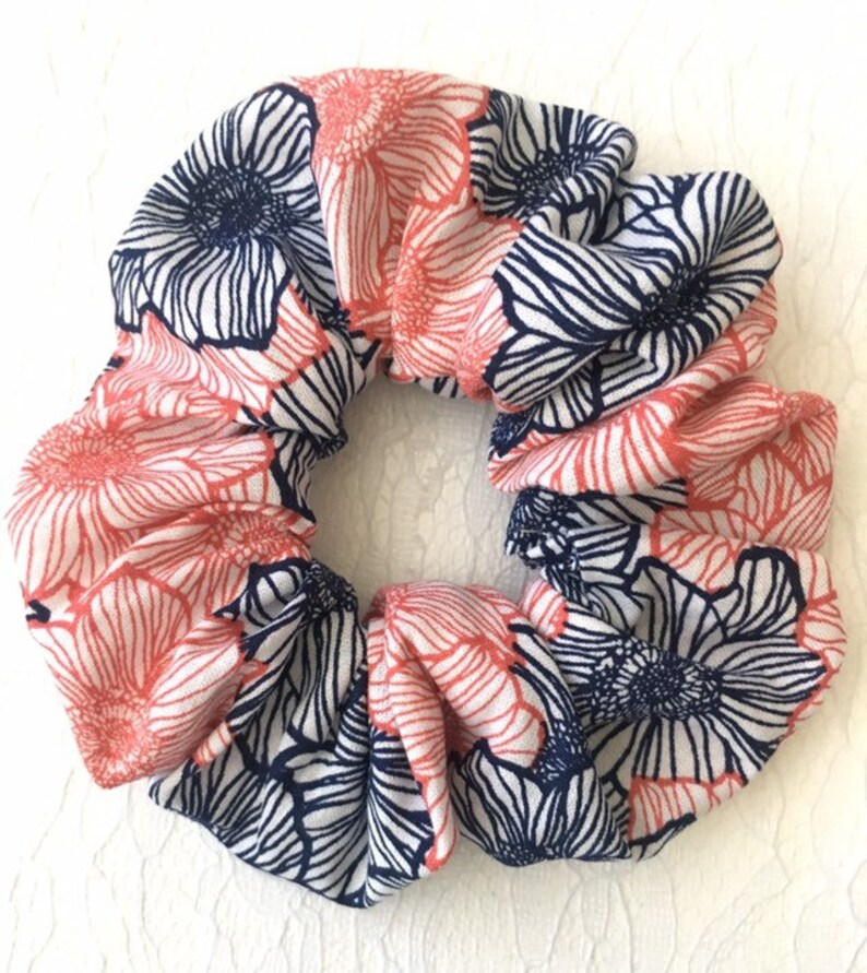 Coral And Navy Floral Scrunchie Hair Scrunchie Hair Etsy