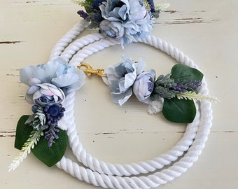 White rope leash with light blue flowers  dog flower crown and rope leash set, dog wedding attire, dog rope leash and collar set, dog flower