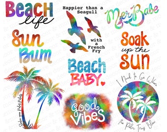 Beach Sublimation Design Bundle, 9 Colorful Beach Sublimation Digital Downloads, Palm Tree Sublimation File, Funny Seagull Sublimation File