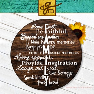 Archivo SVG redondo, archivo SVG con forma de círculo, archivo SVG de corte con frase familiar redonda, definición de familia SVG, archivos SVG para letreros de madera redondos, cita familiar SVG