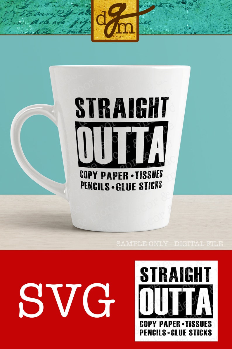 Pode incluir: Caneca de caf&eacute; branca com texto preto que diz "Straight Outta Copy Paper Tissues Pencils Glue Sticks".