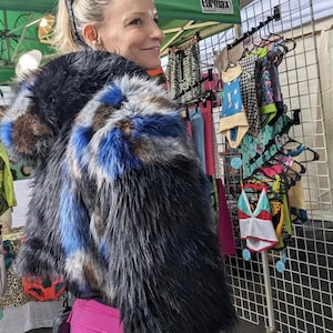 Reversible Faux Fur Crop Jacket Blue & Black Burning Man Festival Jacket Size S