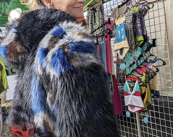 Reversible Faux Fur Crop Jacket Blue & Black Burning Man Festival Jacket Size S