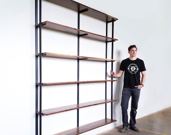 Wall Mounted Bookshelf made in USA with Solid Wood Shelves & Heavy-duty Steel Brackets | Modern Industrial Floating Bookcase 6-tier, 7.5ft H