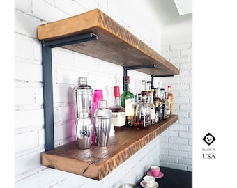 Wood Bar Shelf - Liquor Wine Bottle Display - Floating Bar - Bourbon Cabinet - 2 Shelf Wall Unit Wine Glass Rack - Alcohol Storage - Mancave