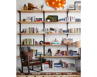 Large Wall Mounted Shelving Unit : 5 Shelf Modern Wall Shelving -Wood & Steel Wall Shelving -Custom Wall Shelves - Modern Farmhouse Bookcase