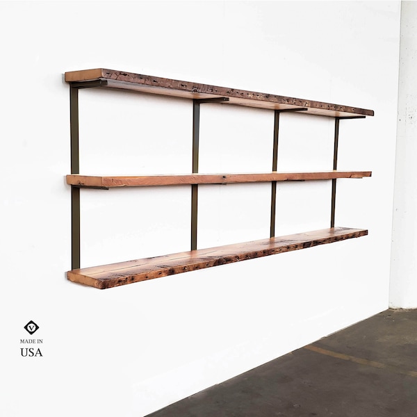 Wall-Mount Shelving, Wall Bookshelves, Custom 3 Shelf Bookcase: Solid Wood & Steel Bracket, Modern Farmhouse floating Shelf handmade in USA