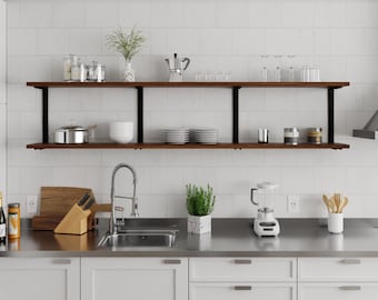 Open Shelving for Modern Kitchen - 2 shelf Wall mount Unit -  Metal Shelf Bracket + Solid Black Walnut Floating Shelves - Modern Farmhouse