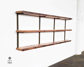 Wall-Mount Shelving, Wall Bookshelves, Custom 3 Shelf Bookcase: Solid Wood & Steel Bracket, Modern Farmhouse floating Shelf handmade in USA