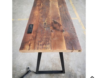 Reclaimed Wood Desk with Power Outlet: Modern Industrial Steel Base