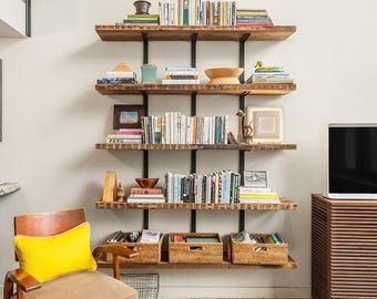 Handmade Reclaimed Wood Bookshelf: 5-Shelf Wall Mount Shelving