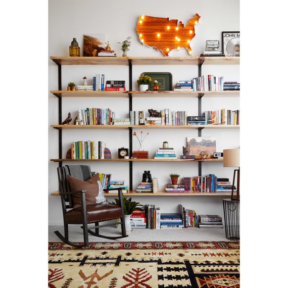 Large Modular Shelving System Modern Wall Shelving Unit With 5 Shelves  Hand-made From Solid Wood and Steel Brackets 