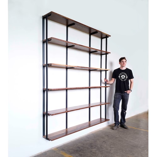 Custom Wall Mounted Bookshelf With, Metal And Wooden Shelving Unit