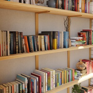 Floating bookcase with brass shelf brackets and solid wood shelves.