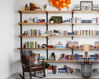 Custom Wall Mount Bookshelves, Solid Wood Shelves & Heavy-duty Floating Shelf Brackets Handmade in USA, 5-Shelf Unit