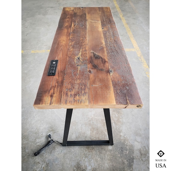 Modern Industrial Desk With Power Outlet Reclaimed Wood and Steel