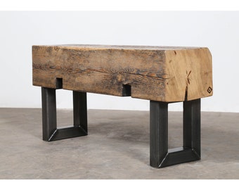 Reclaimed Wood Beam Bench: Rustic Industrial Steel Leg Entryway Bench