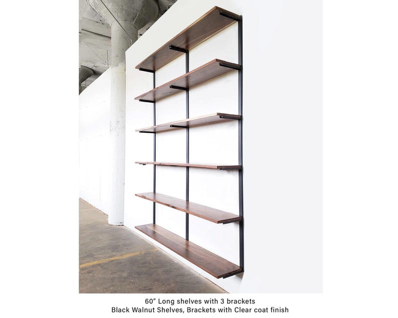 6-shelf wall mounted shelving unit with black walnut hardwood and sleek industrial steel brackets.