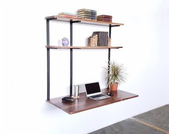 2-Shelf Industrial Wall Mount Computer or Writing Desk, Wall Mount Desk with storage, Mid-century Modern floating desk, small space desk