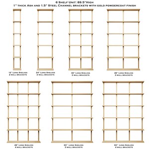 Diagram that shows the different shelving sizes for the vault furniture 6-tier shelving unit.