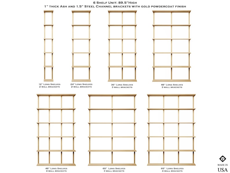 Diagram that shows the different shelving sizes for the vault furniture 6-tier shelving unit.