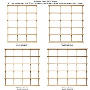 Diagram that shows the different shelving sizes for the vault furniture 6-tier shelving unit.