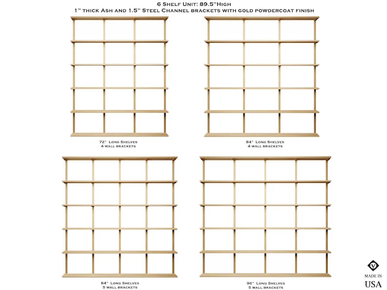 Diagram that shows the different shelving sizes for the vault furniture 6-tier shelving unit.