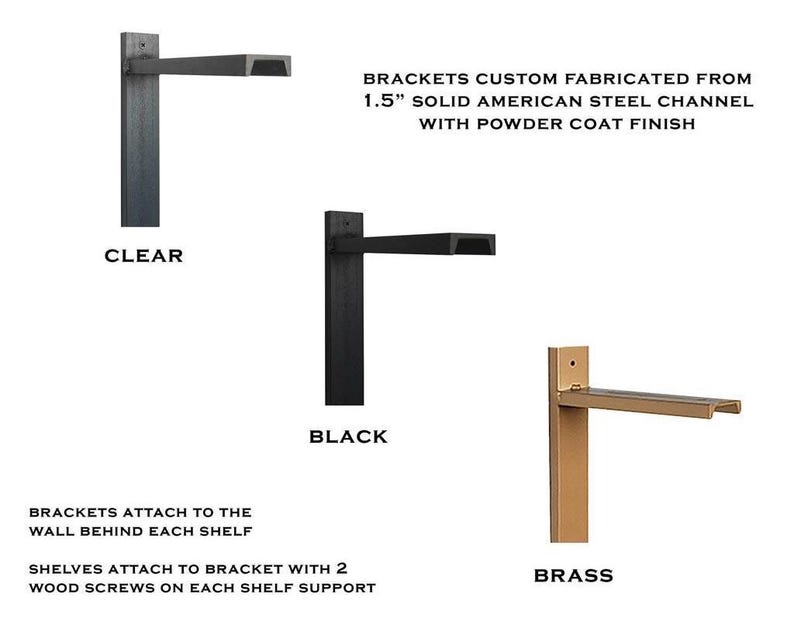 Heavy duty wall mounted steel shelf brackets. Brass shelf bracket for floating wall bookshelves.