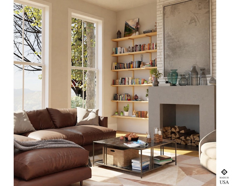 Industrial Wall-Mounted Bookshelf | Solid Wood & Steel, 6-Shelf Floating Bookcase immagine 2