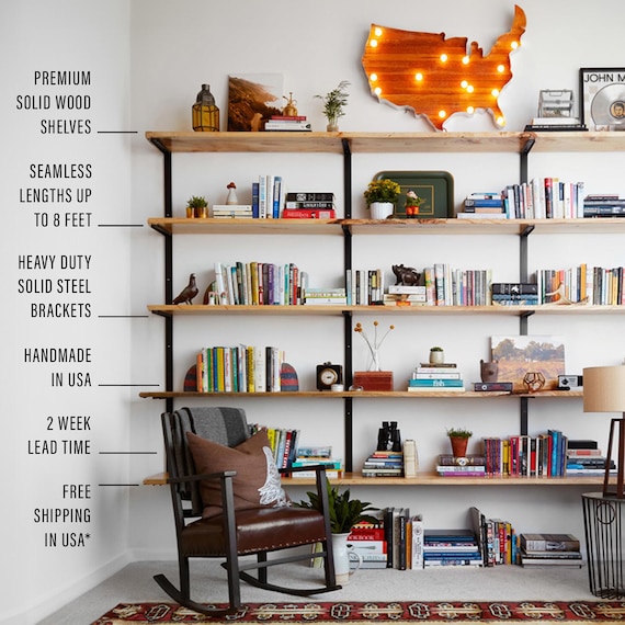 Large Modular Shelving System Modern Wall Shelving Unit With 5 Shelves Hand made From Solid Wood and Steel Brackets Etsy