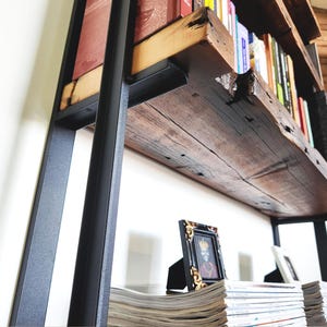 heavy duty shelf brackets. Black powder coat finish with thick wood shelves and painting