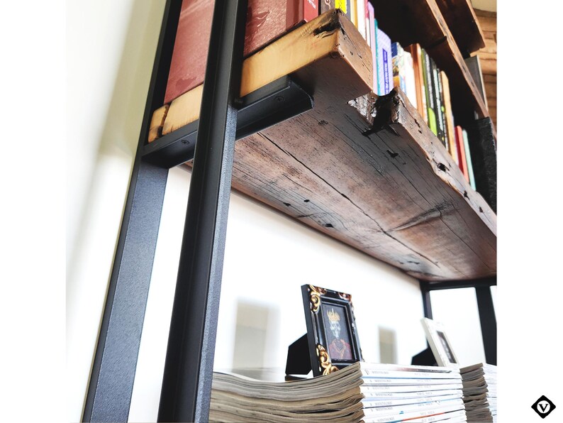 heavy duty shelf brackets. Black powder coat finish with thick wood shelves and painting